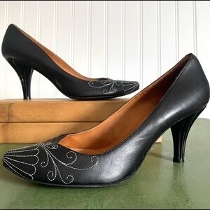 Chie Mihara Embroidered Black Leather Heels